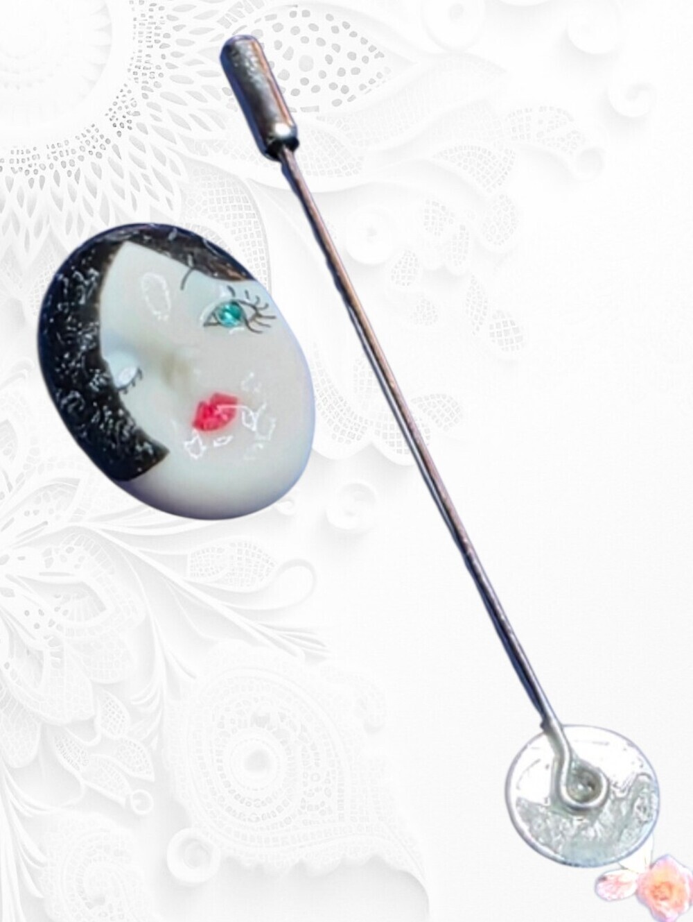 Unique Face Brooch Pin with Black and Red Accents 662